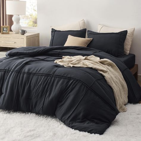 PRICES MAY VARY. Elegant Home Decor: This comforter set combines the exquisite pinch pleat design with a grid pattern, bringing a touch of sophisticated style to any sleeping space. It is a perfect gift for your loved ones or just to show you care. Premium Filling: Featuring Bedsure's thoroughly tested microfiber filling blend, this down alternative comforter maintains the perfect balance between weight and warmth, creating a cloud-like sleeping space all year round. Extra Soft: The prewashed mi Black And Brown Bedding, Black Duvet Cover Bedroom, Black Comforter Bedroom, Black Bedding Sets, Fluffy Bed Set, Black Bed Set, Fluffy Bed, Full Comforter Sets, King Size Comforter Sets