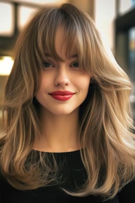 The long layers with side-swept bangs style of lock is also great for square-faced women. These long layers create movement and dimension, while side-swept bangs nicely shape your face. Click here to check out more flattering haircuts for square faces for a more feminine look. Short Hair On Square Face Shape, Long Hairstyles Square Face, Curtain Bangs Square Face Shape, Long Haircut For Square Face, Haircut For Square Face Shape For Women, Bangs For Square Face Shape, Curtain Bangs Square Face, Square Face Hair, Bangs Square Face