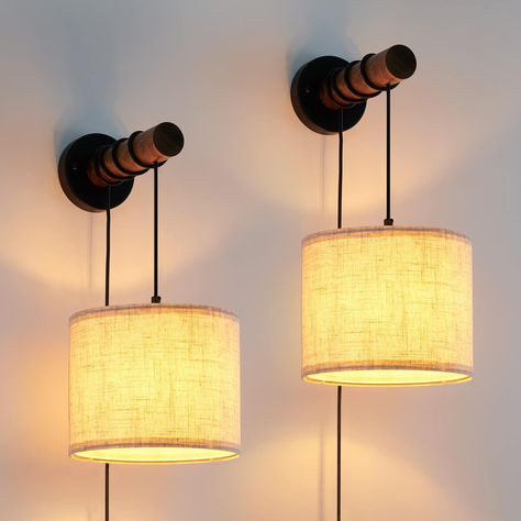 Wall Sconces Set of Two, Plug in Sconces Wall Lighting with Fabric Shade, click on link to purchase #promotion Rustic Wall Lights, Rustic Wall Lighting, Plug In Wall Lights, Bedside Wall Lamp, Vintage Light Fixtures, Wall Lamps Bedroom, Wall Mounted Lamps, Bathroom Sconces, Modern Wall Lights