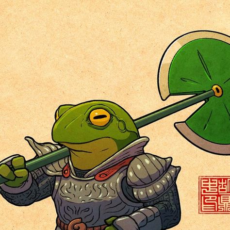 Ding Hu Art on Instagram: "Fighter frog  You know, I’ve drawn a lot of frogs, but this one from over a year ago is still one of my favorite. That lilypad axe turned out way better than I expected!  #frog #fantasyart #frogart #frogmemes #dnd" Dnd Frog Character, Frog On Lilypad, Frog Character, Frog Art, Fantasy Games, A Year Ago, Lily Pads, Black Wood, Frogs