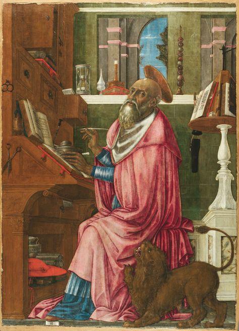 In this painting of St. Jerome in his study from 1492 by Matteo di Giovanni the saint is surrounded by books, scrolls and writing utensils: a scraper in his left hand, a quill in his right hand, an inkpot, scissors etc. He copies a book placed above the the manuscript he is working on. Large books are placed on the lectern. The digitsation is part of Google Art Project. Copyright: free for personal and noncommercial use. Robert Campin, St Jerome, Jan Van Eyck, Hermitage Museum, Hieronymus Bosch, Art Ancien, Madonna And Child, A4 Poster, Chiaroscuro