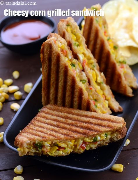 cheesy corn grilled sandwich recipe | corn cheese grilled sandwich | Indian sweet corn sandwich | Sandwich Indian, Cheese Grilled Sandwich, Corn Grilled, Sandwich Recipes Indian, Grilled Sandwich Recipe, Cheesy Sandwich, Potato Sandwich, Veg Sandwich, Cheesy Corn