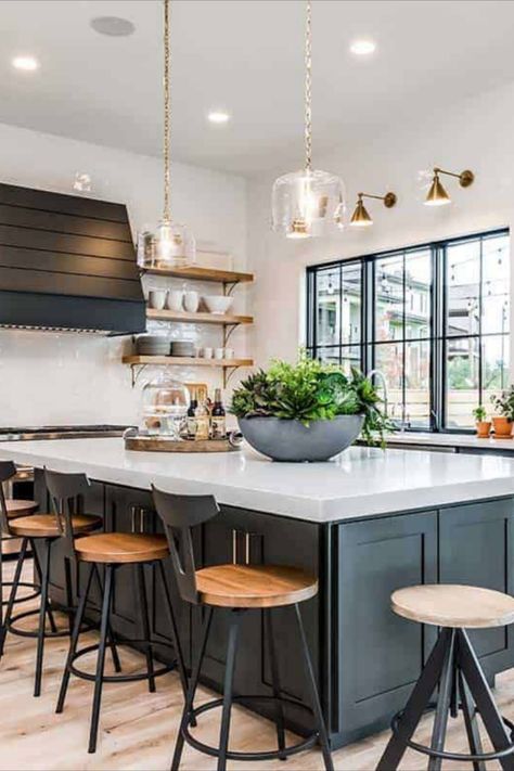 Most Popular Kitchens, Kitchen Black Counter, One Kindesign, Classic Backsplash, Elegant Kitchen Island, Urban Farmhouse Designs, White Kitchen Countertops, Light Gray Cabinets, Gray Counter