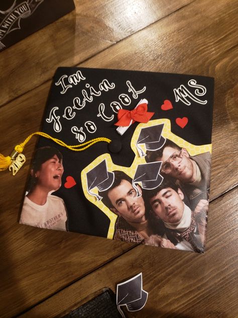 Graduation cap design, 2019, jonas brothers, jobros, grad, grad school, cool, im feeling so cool, college, commencement. Jonas Brothers Graduation Cap, Senior Szn, High School Graduation Cap, Pta School, Grad Ideas, Camp Rock, Grad Caps, Cap Decoration, Graduation Cap Designs