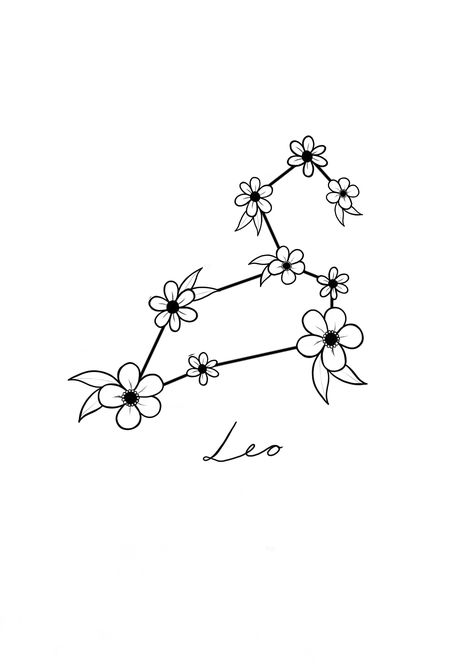 Leo constellation with a wild flower twist. Leo Constellation Tattoo Flower, Leo Zodiac Tattoos Constellation, Constellation Du Lion, Leo Zodiac Star Constellation, Leo Flower Tattoo Zodiac Signs, Cute Leo Tattoo Ideas, Leo Constellation Tattoo Stars, Leo Star Constellation Tattoo, Leo Flower Tattoo