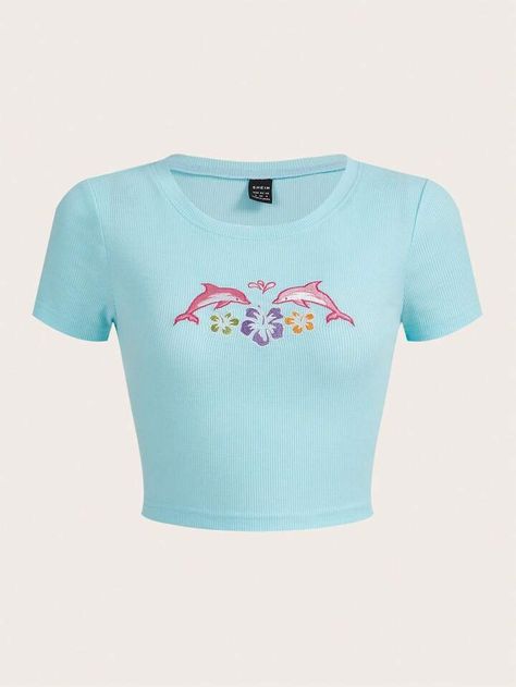 Dolphin Embroidery, Dark Fae, Beach Inspo, Mint Blue, Blue Tee, Women T Shirts, Girly Outfits, Kawaii Fashion, Crop Tee