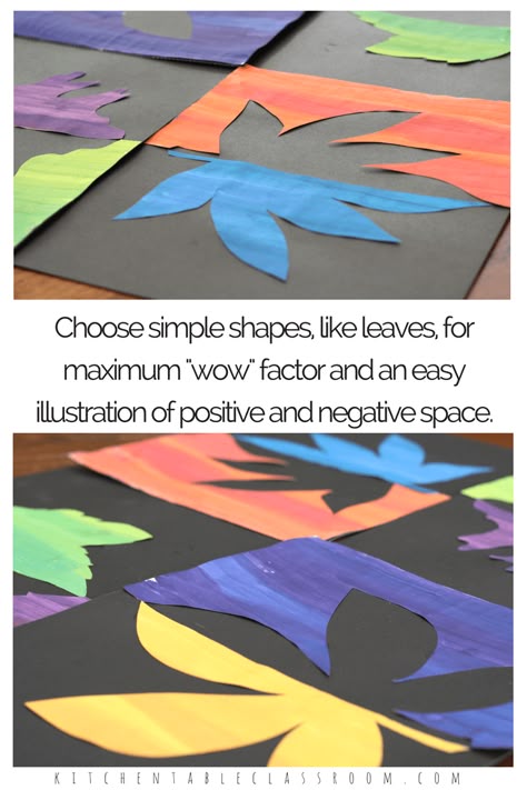 Kindergarten Shape Art Lesson, Art Concepts Ideas, Symmetry Art For Kids, Negative Space Art, Positive And Negative Space, Drawing Videos For Kids, 2nd Grade Art, Fall Art Projects, Simple Leaf