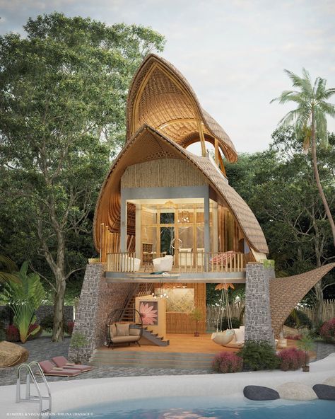 Bamboo House Bali, Bamboo Houses, Bamboo Building, Hut House, Bamboo House Design, Tree House Plans, Rock House, Resort Architecture, Bamboo Architecture