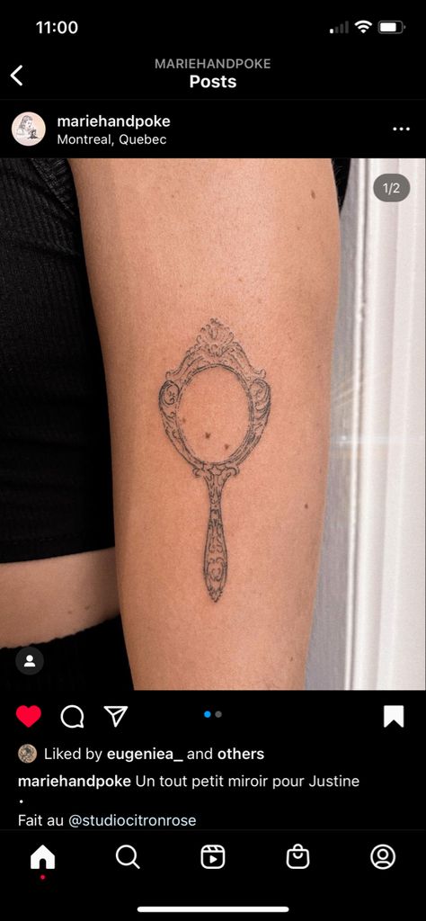 Dainty Mirror Tattoo, Vintage Handheld Mirror Tattoos, Vintage Inspired Tattoos For Women, Antique Mirror Tattoo Vintage, Vanity Mirror Tattoo, Mirror Tattoo Simple, Antique Hand Mirror Tattoo, Mirror In The Sky Tattoo, Mirror Tattoos For Women