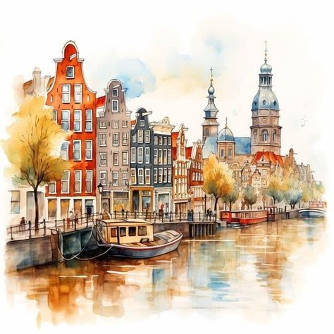 Europe Watercolor Painting, Amsterdam Watercolor Painting, Netherlands Watercolor, Watercolor Amsterdam, Amsterdam Watercolor, Narrow Houses, Town Drawing, City Watercolor, Cityscape Drawing