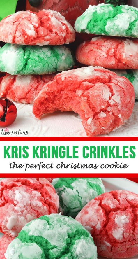 Kris Kringle Crinkles - the perfect Christmas Cookie!  A yummy red and green homemade Crinkle Christmas Cookies recipe that is not made from a cake mix? Yes, please! This classic Christmas cookie recipe is a keeper. #ChristmasCookies #ChristmasCookie #ChristmasCookieRecipe #ChristmasCookieExchange Christmas Cookies Recipe, Crinkle Cookies Recipe, Christmas Cookie Recipe, Tiramisu Dessert, Christmas Cookie Exchange, Kris Kringle, Crinkle Cookies, Xmas Cookies, The Perfect Christmas