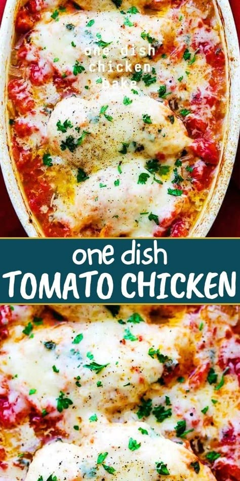 This One Dish Tomato Chicken Bake is prepared with flavorful chicken breasts baked on a bed of tomatoes and covered in cheese! It makes for a one-pan chicken dinner the whole family will enjoy. Recipes With Diced Tomatoes, Chicken Recipes With Tomatoes, Chicken Breast Casserole Recipes, Chicken Breast Casserole, Tomato Chicken, Oven Baked Chicken Breasts, Chicken Breast Recipes Baked, Chicken Bake, Easy Baked Chicken