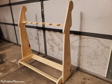 DIY Project - Guitar Stand | MyOutdoorPlans | Free Woodworking Plans and Projects, DIY Shed, Wooden Playhouse, Pergola, Bbq Guitar Stand Plans, Multiple Guitar Stand, Diy Guitar Stand, Guitar Craft, Wooden Guitar Stand, Guitar Storage, Guitar Rack, Wooden Guitar, Guitar Stands