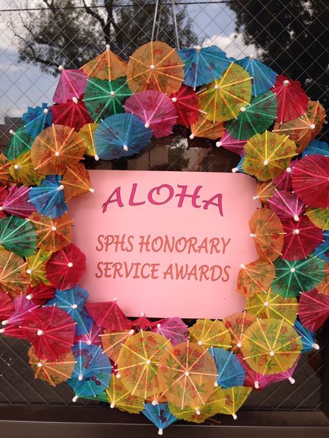 Aloha wreath made with cocktail umbrellas Cocktail Umbrellas, Service Awards, How To Make Wreaths, Umbrella, Wedding Party, Wreath, Weddings