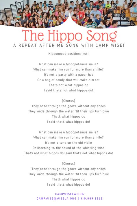 "The Hippo Song" Camp Cheer! Hippo Songs Preschool, Camp Songs For Kids Repeat After Me, Camp Songs Repeat After Me, Camp Songs For Kids, Summer Camp Songs, Girl Scout Camp Songs, Repeat After Me Songs, Homemade Games, Girl Scout Songs