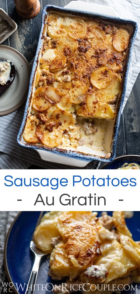 Sausage potatoes au gratin recipe or sausage scalloped potatoes @whiteonrice Gratin Potatoes Recipe, Potatoes Au Gratin Recipe, Au Gratin Potatoes Easy, Scalloped Potato Casserole, Recipe With Sausage, Au Gratin Potato Recipes, Gratin Potatoes, Au Gratin Recipes, Scalloped Potato Recipes