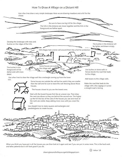 Printable How To Draw A Country Village On A HIll worksheet. Hundreds of worksheets at the blog.https://drawinglessonsfortheyoungartist.blogspot.com Foreground Middleground Background, Landscape Drawing Tutorial, Village Drawing, Winter Art Projects, Background Drawing, Landscape Drawings, Urban Sketching, Drawing Lessons, Drawing Tips