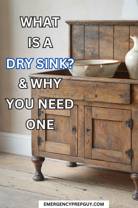 A rustic wooden dry sink with ceramic bowls, demonstrating its practicality for homesteading skills, emergency prepping, and off-grid living. Vintage Dry Sink Makeover, Antique Dry Sink Repurposed, Refurbished Dry Sink, How To Decorate A Dry Sink, Painted Dry Sink Ideas, Dry Sink Bathroom Vanity, Primitive Dry Sink Decor Ideas, Diy Kitchen Sink Ideas, Dry Sink Repurposed