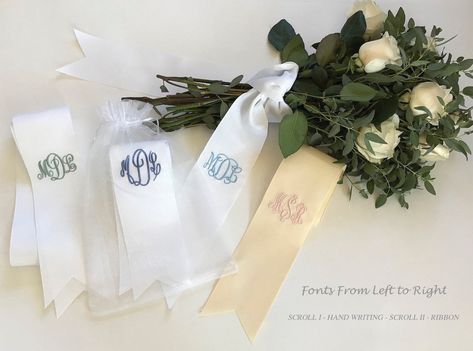 "PERSONALIZED EMBROIDERED 3\" RIBBON, 36\" length with Monogram, Grosgrain Ribbon, Bridal and Wedding Bouquets, Gifts, Bridesmaids Available in white, ivory and colors. Please specify the location of all monograms; otherwise I will select the location. If the buyer does not indicate a monogram location, then I will place the monogram approximately 6 inches from the end of the ribbon. -- You can Pin this item through this link: https://www.donovandesignlinens.com/listing/724808519/lace-wedding-ga Monogram Letter S, Wedding Shadow Box, Light Blue Ribbon, Ladies Handkerchiefs, Wedding Handkerchief, Sun City, Personalized Embroidery, Garter Set, Monogram Styles