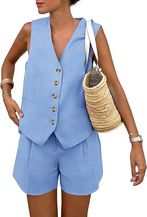 PRETTYGARDEN Women's Summer Two Piece Outfits Sleeveless Matching Sets Button Down V Neck Vest Waistcoat and Pockets Shorts (Light Blue,Medium) : Amazon.ca: Clothing, Shoes & Accessories Summer 2 Piece Outfits, Outfits Sleeveless, Vest Style Women, V Neck Vest, 2 Piece Short Set, Womens High Waisted Shorts, Sleeveless Blazer, Vest Waistcoat, Trendy Summer Outfits