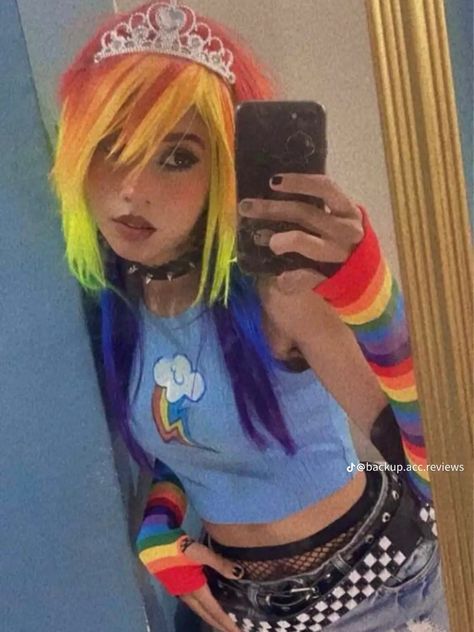 Rainbow Dash Scenecore, My Little Pony Costume Women, Rainbow Dash Outfit Ideas, Rainbow Scene Outfit, Scene Rainbow Dash, Rainbow Dash Scene, Scene Halloween Costume, Rainbow Dash Outfit, Rainbow Dash Halloween Costume