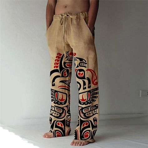 Mens Beach Pants, Cartoon Rainbow, Kenting, Big And Tall Style, Vacation Fashion, Mens Linen Pants, Rainbow Graphic, Abstract Graphic, Pola Sulam