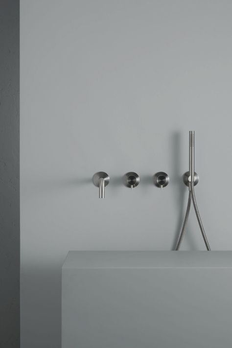 13 69 | SOURCE | Quadro Design | Wall mounted mixer set with spout and stainless steel hand shower kit. Shower Fixtures, Shower Kit, Interior Bathroom, Primary Bath, Sanitary Ware, Bath Taps, Saratoga Springs, Shower Kits, Sink Taps