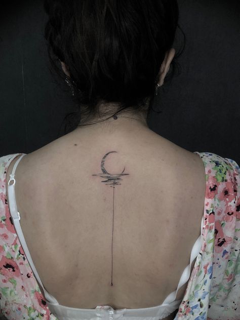 #moontattoo #minimaltattoo Back Tattoo Line, Tattoo Line, August 31, Fine Line Tattoos, Minimal Tattoo, Line Tattoos, Moon Tattoo, Back Tattoo, Moon