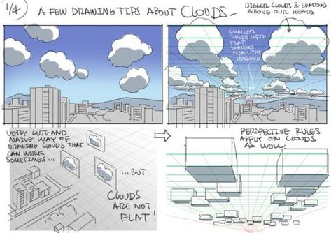 Drawing Tips on Drawing Clouds Thomas Romain, Perspective Drawing Lessons, Comic Tutorial, Bg Design, Manga Drawing Tutorials, Perspective Art, Background Drawing, 캐릭터 드로잉, Perspective Drawing