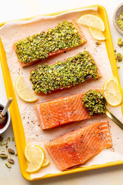 Pistachio Pesto Salmon, Salmon With Pistachio Crust, Pistachio Salmon, Crusted Salmon Recipes, Pistachio Crusted Salmon, Recipes Fish, Foil Pack Meals, Feta Cheese Salad, Healthy Salmon Recipes