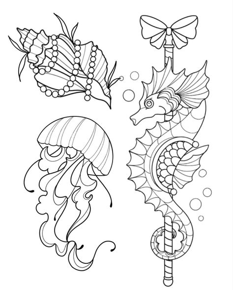 Neotraditional Flash Sheet includes a seashell , jellyfish , and a carousel seahorse - tattoobymichelle on instagram Jellyfish Flash Tattoo, Seahorse Tattoo Stencil, Octopus Flash Tattoo, Neotraditional Flash Sheet, Simple Seahorse Tattoo, Jellyfish Tattoo Stencil, Ocean Flash Tattoo, Tattoo Sheets Drawings, Traditional Seahorse Tattoo