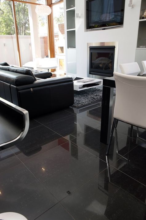 Black Tiles Floor Living Room, Living Room Kerala, Dark Floor Living Room, Dark Tile Floors, Contemporary Flooring, Loft Style Interior, Tile Floor Living Room, Black Floor Tiles, Floor Renovation