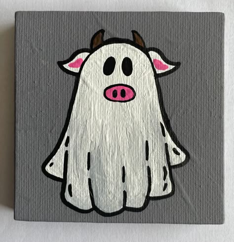 "3\"x3\" Hand Painted  Halloween Cow Ghost Canvas Painting This small ghost painting is the perfect addition to your fall/Halloween decor.  Hand painted on a 3\"x3\" canvas with acrylic paint, each painting is one of a kind.  A great gift for a friend or family member or perfect just for you!" Ghost Cow Painting, Cauldron Painting Ideas, Easy Simple Painting Ideas On Canvas, Small Painting Ideas Mini Canvas Easy, Country Painting Ideas, Ghost Canvas Painting, Painting For A Friend, Easy Things To Paint, Whiteboard Drawings