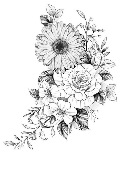 Black And Grey Floral Tattoo Design, Gerber Daisy And Rose Tattoo, Floral Thigh Tattoo Design, Gerbera Daisy Tattoo Designs, Floral Stencil Tattoo, Large Floral Tattoo Design, Gerbera Flower Tattoo, Gerbera Flower Drawing, Black Cover Up Tattoos For Women