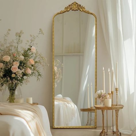 Vintage Baroque Full Length Floor Mirror 22"X65", Victorian Antique Mirror with Brush Gold Ornate Metal Frame for Firepla - AliExpress Antique Floor Mirror, Gold Floor Mirror, Antique Gold Mirror, Country Style Bedroom, Full Length Floor Mirror, Gold Baroque, Arched Mirror, Vintage Farmhouse Decor, Vintage Mirrors