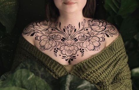 Whole Chest Tattoo Female, Coverup Tattoo On Chest, Line Work Chest Tattoo, Flower Tattoo Chest For Women, Chest Neck Tattoo Female, Neo Traditional Chest Tattoo Female, Large Chest Tattoo Female, Peony Chest Tattoo Female, Opaque Grey Tattoo