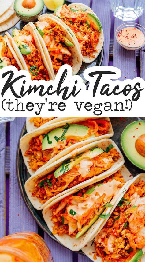 Looking for an easy, Asian-inspired taco recipe sure to please your tastebuds and leave your stomach feeling nice and full? These Kimchi Tempeh Tacos will do just that. They're totally delicious and require just 20 minutes! #tacos #tacotuesday #kimchi #tempeh #vegan #vegetarian #glutenfree Tacos Vegetarian, Tempeh Tacos, Vegan Kimchi, Healthy Vegetarian Dinner, Easy Vegetarian Dinner, Kimchi Recipe, Vegetarian Tacos, Vegetarian Dinner Recipes, Vegetarian Sandwich