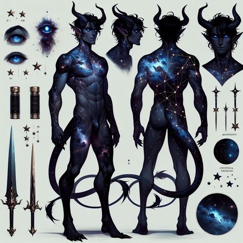 Galaxy demon character sheet made by taloknight/ silverbloom Male Moon God, Characters Reference Sheet, Alien Oc Ideas, Male Demon Character Design, Galaxy Character Design, Space Demon, Galaxy Character, Demon Character, Demon Design