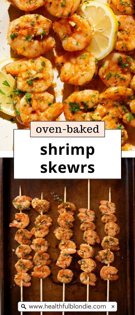 These quick and easy oven-baked shrimp skewers are juicy, full of flavorful, and marinated in a simple lemon-garlic and herb dressing. The shrimp cook in minutes and make for the perfect weeknight dinner! Shrimp Kebabs In The Oven, Shrimp Skewer Recipes Oven, Shrimp And Kielbasa Skewers, Shrimp Squers Recipes, Shrimp Recipes In Oven, Shrimp Marinade For Grill Skewers, Shrimp Kabobs In The Oven, Shrimp Skewers In Oven, Shrimp Sticks