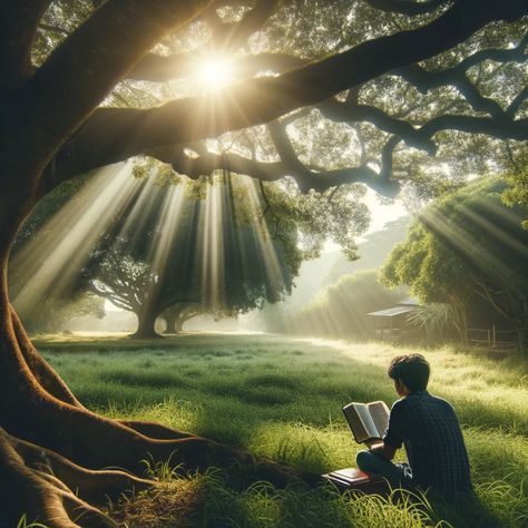 A person sitting under a large tree in a peaceful meadow, deeply engrossed in reading the Bible, with rays of sunlight filtering through the branches. Picture Of Praying, Drawing Subjects, A Person Sitting, Peaceful Meadow, A Man Of God, Jesus Cross Wallpaper, Man Praying, Powerful Man, Reading The Bible