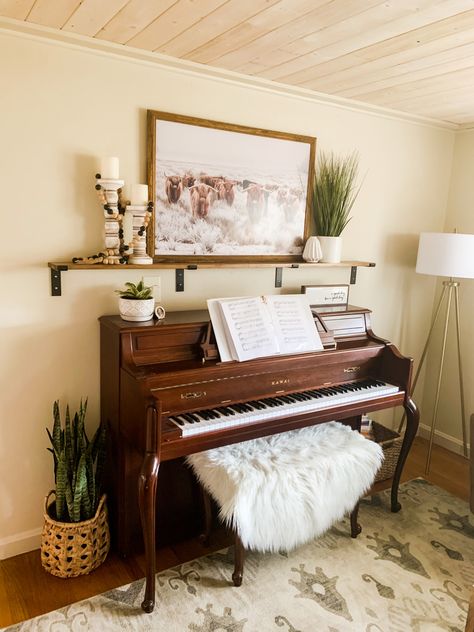 Shelf Over Piano, Foyer With Rug, Shelves Over Piano, Piano In Small Dining Room, Pianos In Small Spaces, Small Sitting Room With Piano, Piano With Shelves Above, Stand Up Piano Decor, Shelf Above Piano