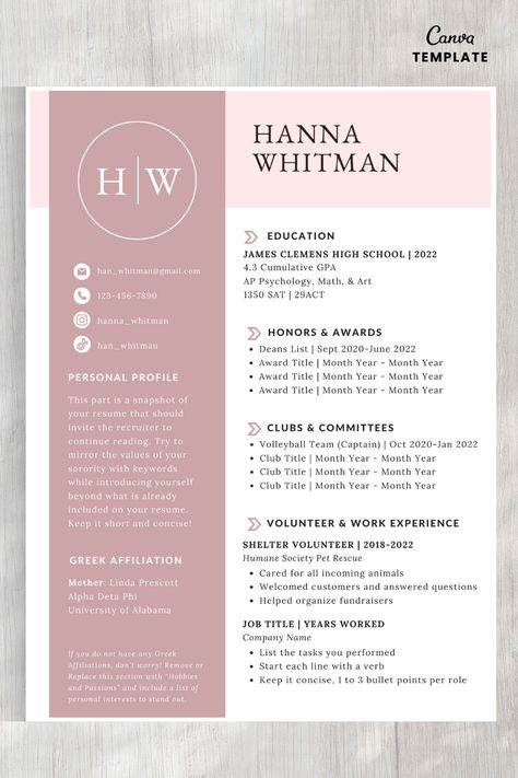 Crafted by a Sorority Alumna. Free personalized Sorority Recruitment Guide / Checklist included too! With caligraphy initials. Sorority Resume Examples, Rush Resume, Pink Sorority, Recruitment Resume, Sorority Resume, Ap Psychology, Sorority Rush, Sorority Recruitment, Resume Examples