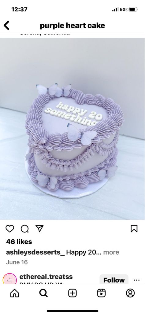 Cute Heart Cake Purple, Vintage Cake Aesthetic Purple, Heart Shape Cake Purple, Purple Heart Cakes Birthday, Lilac Heart Cake, Purple Vintage Heart Cake, Lavender Heart Cake, Pastel Purple Cake Aesthetic, Lilac Butterfly Cake