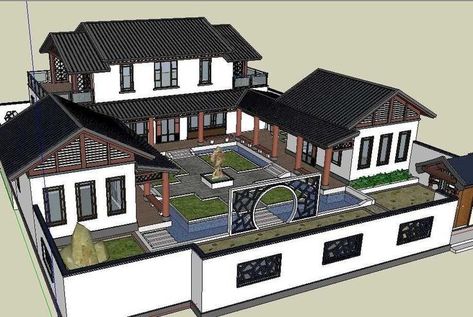 Chinese House Blueprint, Chinese House Layout, Minecraft Chinese House Ideas, Siheyuan Chinese Courtyard, Chinese Style House, Chinese Home Design, Chinese Courtyard House, Chinese House Design, Chinese Villa