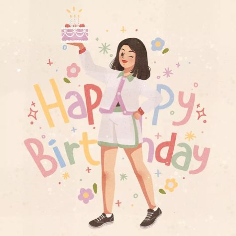 Birthday Cards Illustration, Birthday Illustration Art, Birthday Art Drawings, Cute Happy Birthday Cards, My Birthday Post, Happy Birthday Drawing, Birthday Card Illustration, Aesthetic Highlight Covers Instagram Pink, Your Birthday Month