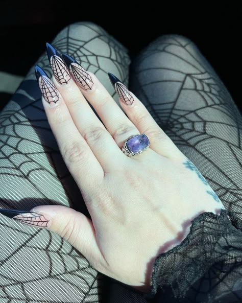 Silver Spiderweb Nails, Stiletto French Tip Nails, Stiletto French Tip, Etah Love, Spiderweb Nails, Witchy Wedding, Fun Halloween Nails, Pink Stiletto Nails, Oval Acrylic Nails