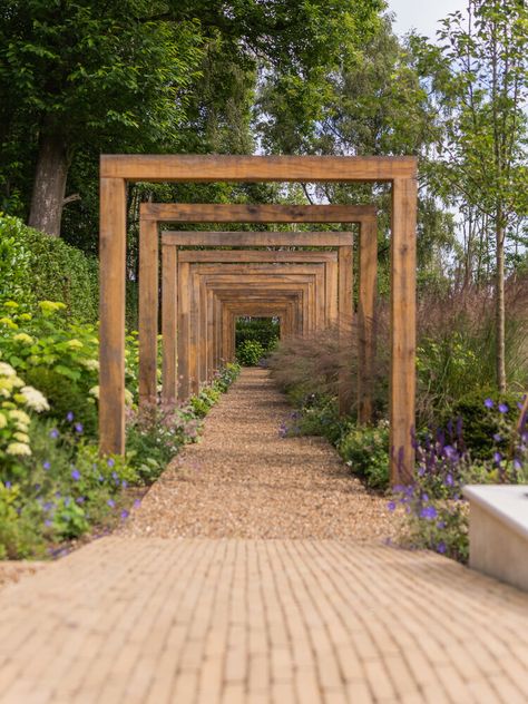 SURREY SUNKEN SEATING AREA & PERGOLA | Pollyanna Wilkinson Garden Design Garden Arch Walkway, Wooden Garden Arches Ideas, Art In The Woods, Arched Trellis Ideas, Garden Courtyard Ideas, Arbor Walkway, Modern Archway, Metal Archway, Timber Arch