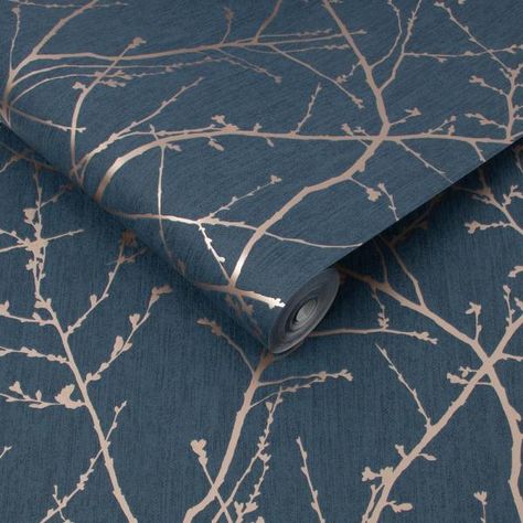 Superfresco Easy Innocence Navy and Copper Unpasted Removable Strippable Wallpaper 108619 - The Home Depot Room Ideas Grey And Blue, Lux Wallpaper, Blue Guest Bedroom, Dining Room Wallpaper Ideas, Living Room Ideas Grey, Navy And Forest Green, Blue And Orange Living Room, Blue Painted Cabinets, Room Ideas Grey