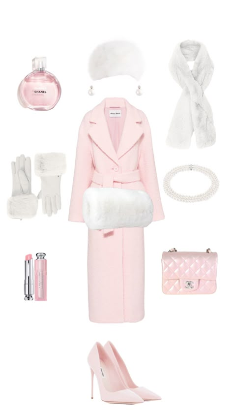 #chanel #winter #outfitinspo Chanel Outfit Winter, Hyperfeminine Outfit Winter, Girly Winter Outfits Pink, Barbie Winter Outfits, Chanel Winter Outfits, Chanel Oberlin Outfit, Fashion Outfits Girly, Pink Christmas Outfits, Winter Outfits Chic