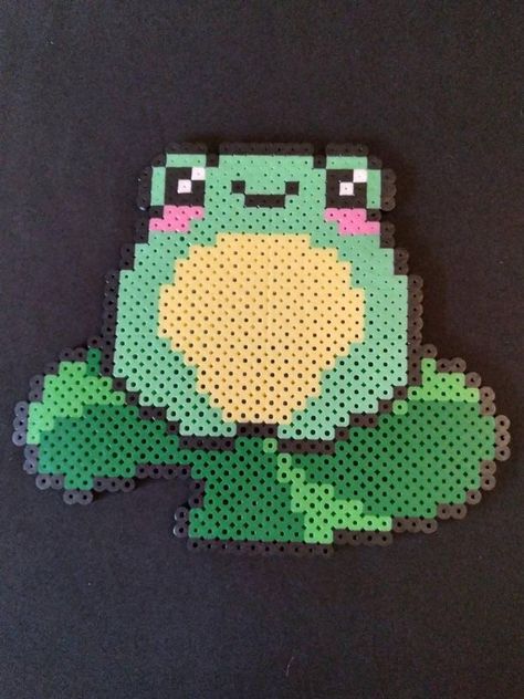 Cute Frog Pixel Art, Perler Accessories, Frog Pixel Art, Hello Kitty Frog, Frog On Lilypad, Cute Green Frog, Bead Wall, Rave Aesthetic, Melt Beads Patterns